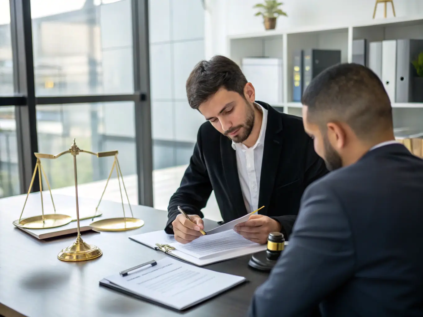 A lawyer is reviewing legal documents with a business owner, ensuring compliance with industry regulations.