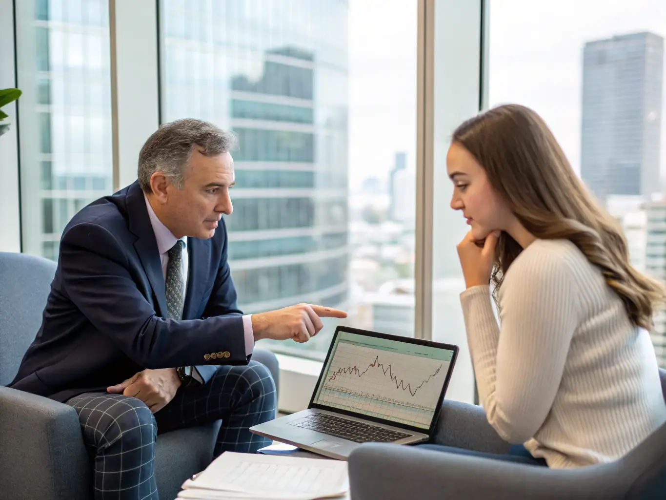 An image of a financial advisor analyzing charts and financial data with a client, illustrating financial planning and strategy for large corporations.