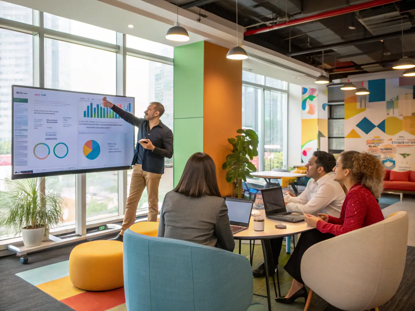 A consultant is advising a startup team in a modern office, focusing on business model refinement and growth strategies.