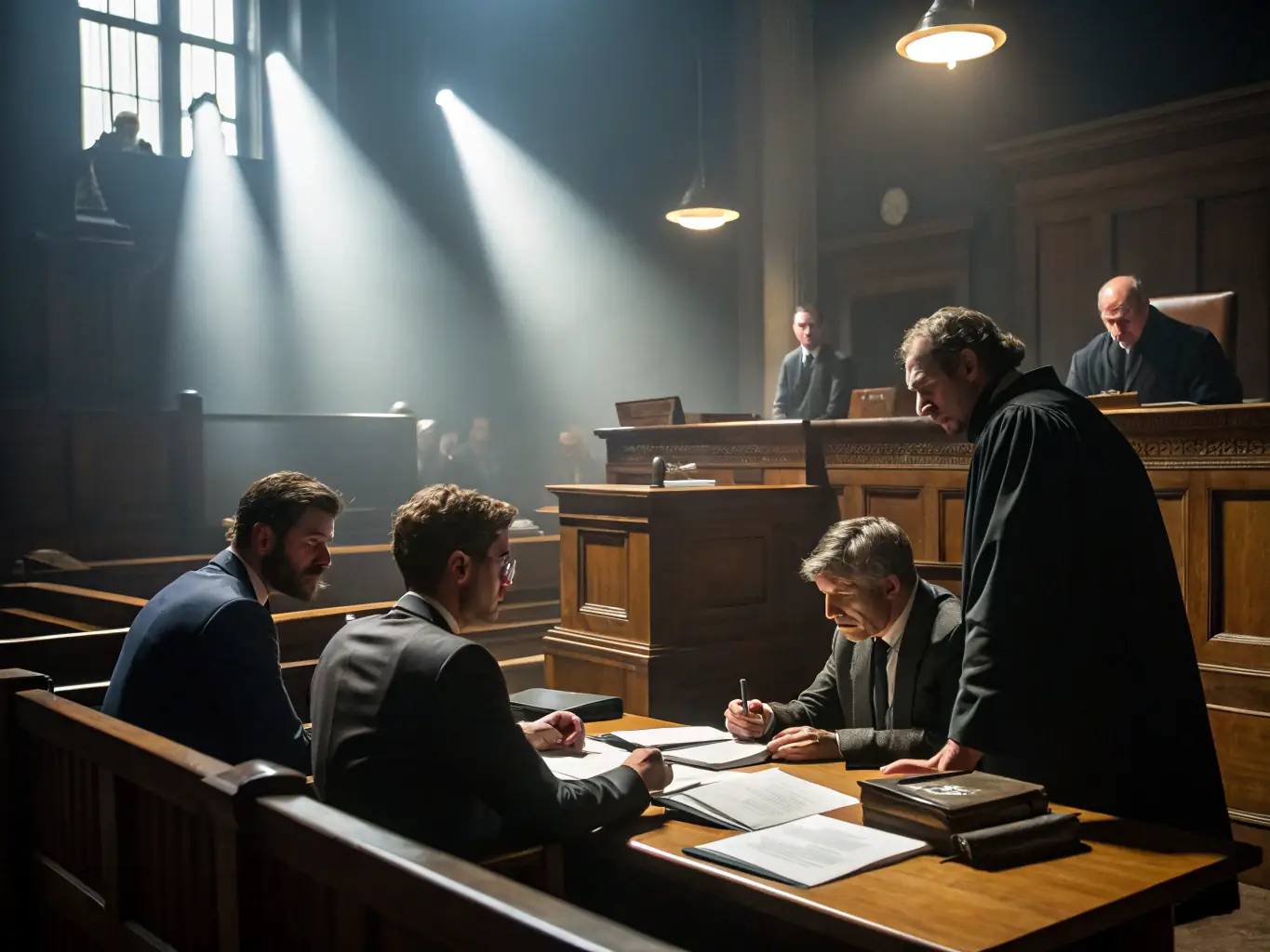 A courtroom scene with lawyers discussing legal documents, symbolizing Young Business Club's legal advisory services.