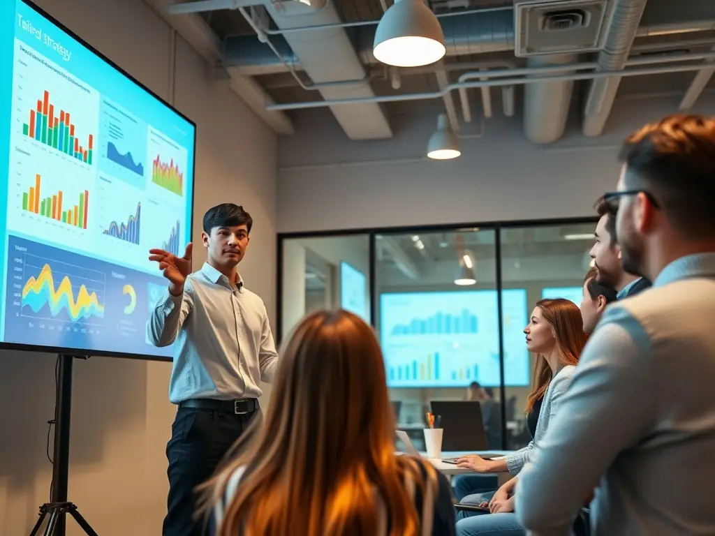 An image of a business consultant discussing strategies with a startup team in a modern office, symbolizing business development consulting for early-stage companies.