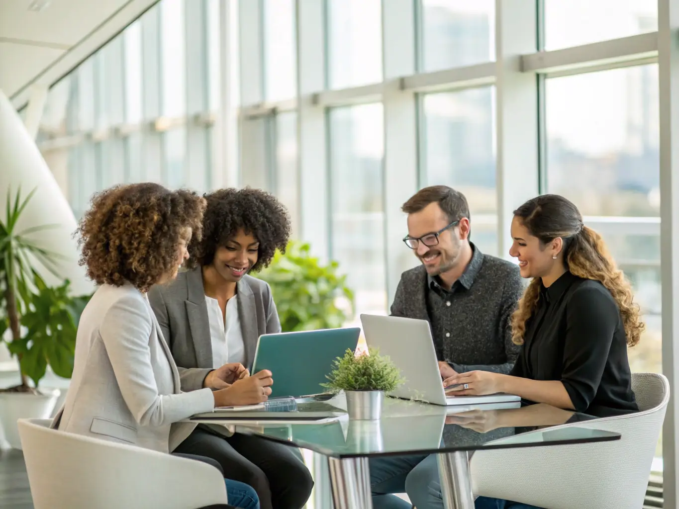 A modern office space with people collaborating on technology solutions, representing Young Business Club's expertise in technology implementation.
